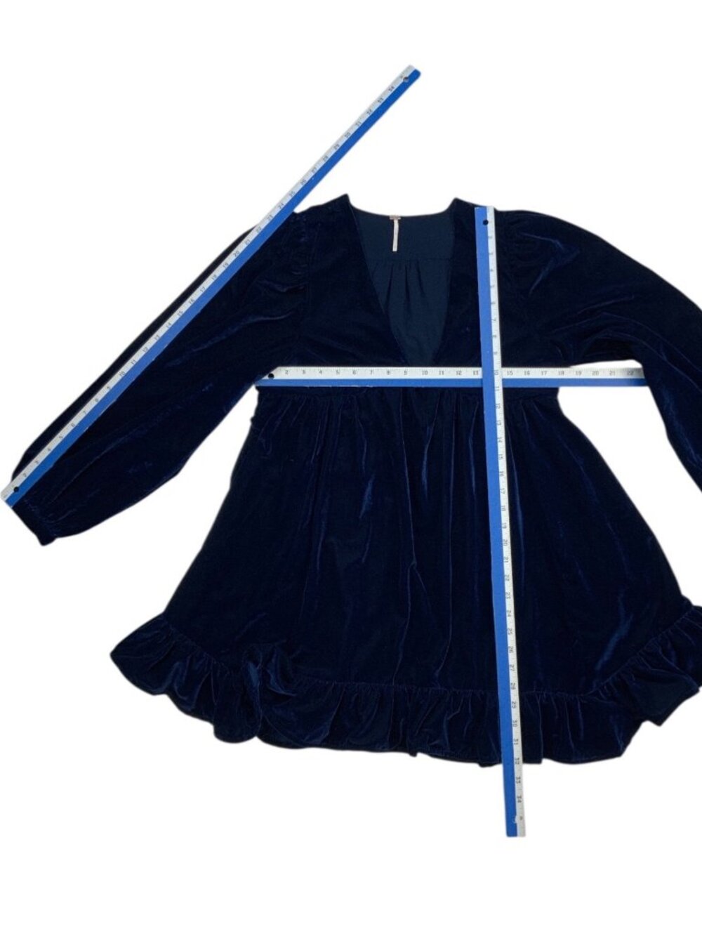 Free People Estella Velvet Mini Dress S Blue Babydoll Long Sleeve - Picture 9 of 16